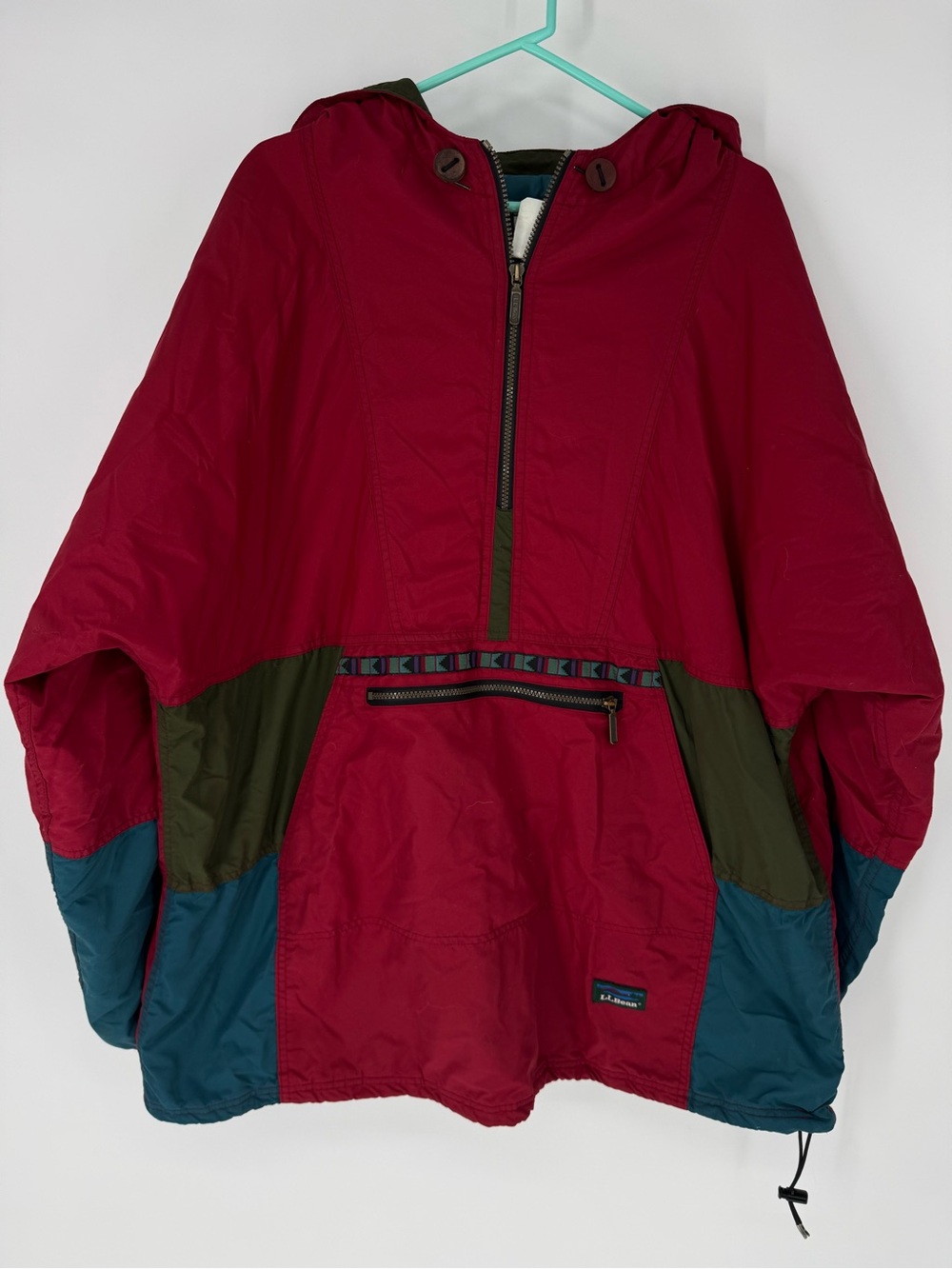 L.L. Bean vintage Colorblock Hooded Windbreaker in Burgundy, Olive & Teal